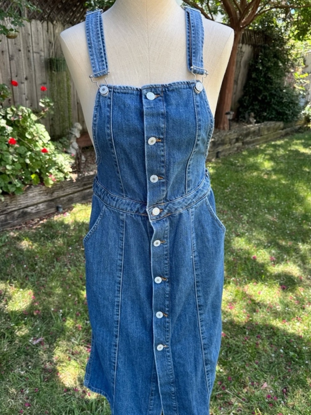 Zara Blue Denim Button-Front Midi Pinafore Dress